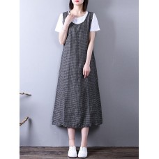 Women Sleeveless Plaid Loose Casual Mid-long Tank Dress