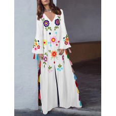 Vintage Women Folk Style Print V-Neck Split Hem Maxi Dress with Tassel