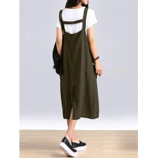 Women Sleeveless Straps Split Hem Mid-long Dress