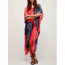 Women Vintage Folk Style V-Neck Bikini Cover Beach Dress