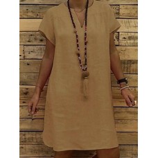 Women Short Sleeve V-neck Loose Casual Solid Color Dress