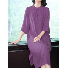 Retro Women Solid Color 3/4 Sleeve Cheongsam Dress