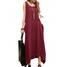 Vintage Casual Women Sleeveless High Low Cotton Maxi Dress