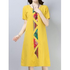 Vintage Women Cotton Loose Short Sleeve O-Neck Mid Long Dress