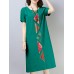 Vintage Women Cotton Loose Short Sleeve O-Neck Mid Long Dress