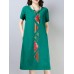 Vintage Women Cotton Loose Short Sleeve O-Neck Mid Long Dress