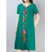 Vintage Women Cotton Loose Short Sleeve O-Neck Mid Long Dress