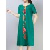 Vintage Women Cotton Loose Short Sleeve O-Neck Mid Long Dress