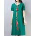 Vintage Women Cotton Loose Short Sleeve O-Neck Mid Long Dress