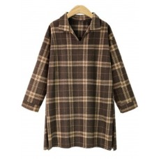 Women Plaid Lapel Long Sleeve Split Hem Dress