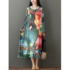 Women Long Sleeve O-Neck Printed Elegant Dress