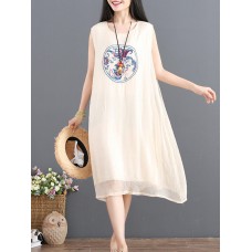 Vintage Women Loose Pure Color Sleeveless Dress