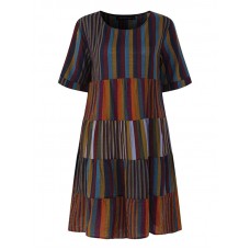 Women Short Sleeve Striped Patchwork Cotton Shirt Dress