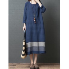 Vintage Women Loose Cotton Linen Striped Patchwork Long Sleeve Dress