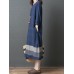 Vintage Women Loose Cotton Linen Striped Patchwork Long Sleeve Dress