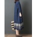 Vintage Women Loose Cotton Linen Striped Patchwork Long Sleeve Dress