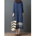 Vintage Women Loose Cotton Linen Striped Patchwork Long Sleeve Dress