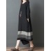 Vintage Women Loose Cotton Linen Striped Patchwork Long Sleeve Dress