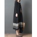 Vintage Women Loose Cotton Linen Striped Patchwork Long Sleeve Dress