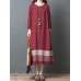 Vintage Women Loose Cotton Linen Striped Patchwork Long Sleeve Dress