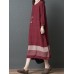 Vintage Women Loose Cotton Linen Striped Patchwork Long Sleeve Dress