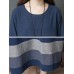 Vintage Women Loose Cotton Linen Striped Patchwork Long Sleeve Dress