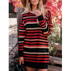 Women Casual Striped Patchwork Long Sleeve Dress
