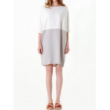 Pure Color Crew Neck Patchwork Three Quarter Sleeve Dress