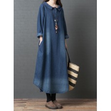 Women Long Sleeve Doll Collar Denim Blue Long Shirt Dress