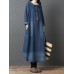 Women Long Sleeve Doll Collar Denim Blue Long Shirt Dress