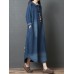 Women Long Sleeve Doll Collar Denim Blue Long Shirt Dress