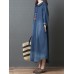 Women Long Sleeve Doll Collar Denim Blue Long Shirt Dress
