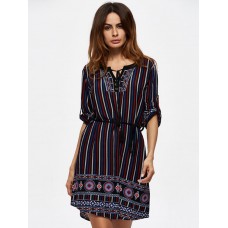Folk Style Women Print Bandage Long Sleeve Mini Dresses