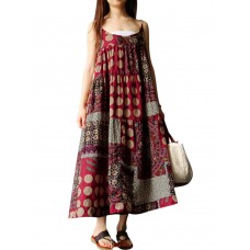 Women Sleeveless Spaghetti Strap Printed Loose Retro Maxi Dresses