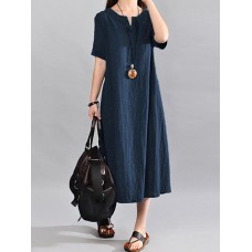 Women Vintage V Neck Short Sleeve Cotton Maxi Dress