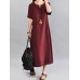 Women Vintage V Neck Short Sleeve Cotton Maxi Dress