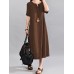 Women Vintage V Neck Short Sleeve Cotton Maxi Dress