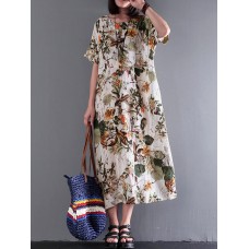 Women Vintage Retro Short Sleeve Cotton Floral Maxi Dress