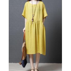 Women Short Sleeve O-neck Vintage Pleated Dress