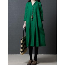 Vintage Long Sleeve Solid Color Linen Cotton Dress