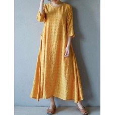 M-5XL Vintage Women O-neck Half Sleeve Solid Maxi Dress