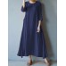 M-5XL Vintage Women O-neck Half Sleeve Solid Maxi Dress