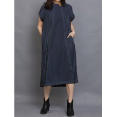 Women Short Sleeve Side Button Solid Casual Dress