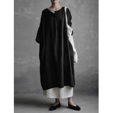Women Vintage Solid Color Cotton Half Sleeve Dress