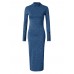 Casual Women High Collar Button Long Sleeve Slim Knit Dress