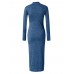 Casual Women High Collar Button Long Sleeve Slim Knit Dress