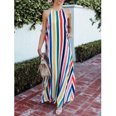 Women Striped Halter V-neck Sleeveless Dress
