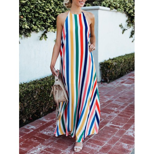 Women Striped Halter V-neck Sleeveless Dress Women Striped Halter V-neck Sleeveless Dress
