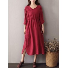 Vintage Plate Buckle V-neck High Drawstring Waist Dress