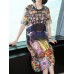 Elegant Women Floral Print Crew Neck Short Sleeve Dress